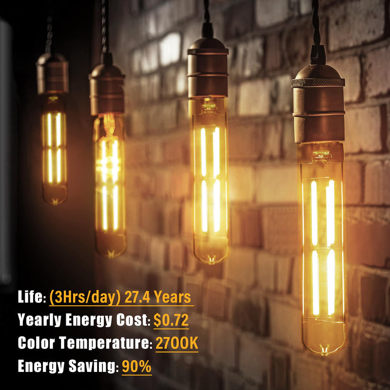 8.9IN LED Light Bulbs E26 Base, 6W 800LM 2700K Soft White T10 T9 Vintage Edison Bulbs Dimmable, AC 120V Equal 80 Watt Clear Glass Long Tubular Filament Bulb, ETL Certified - 4Pack 9 Inch 6W (4 Count)