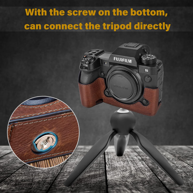 MUZIRI KINOKOO Case for Fuji XH2S/X-H2S/XH2 Digital Camera, Genuine Leather X-H2S Half Case with Opening Bottom and Enhanced Grip Design - Brown
