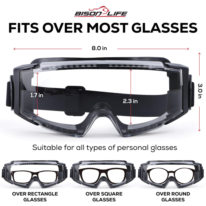 BISON LIFE SplashPro, Safety Goggles Over Glasses, ANSI Z87.1 Anti-Fog Safety Goggles, Impact & Scratch Resistant, Eye Protection Over Prescription Glasses, Adjustable Strap, Lab & Work Goggles