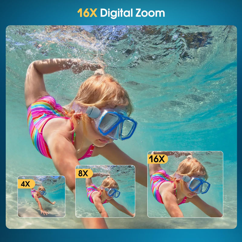 4K Underwater Camera, 64MP 16FT Compact Waterproof Camera with 16GB Card | Floatable Digital Camera, 16X Digital Zoom, Auto Focus, Fill Light, 650mAh Battery, Ideal for Travel, Surfing, Swimming Blue