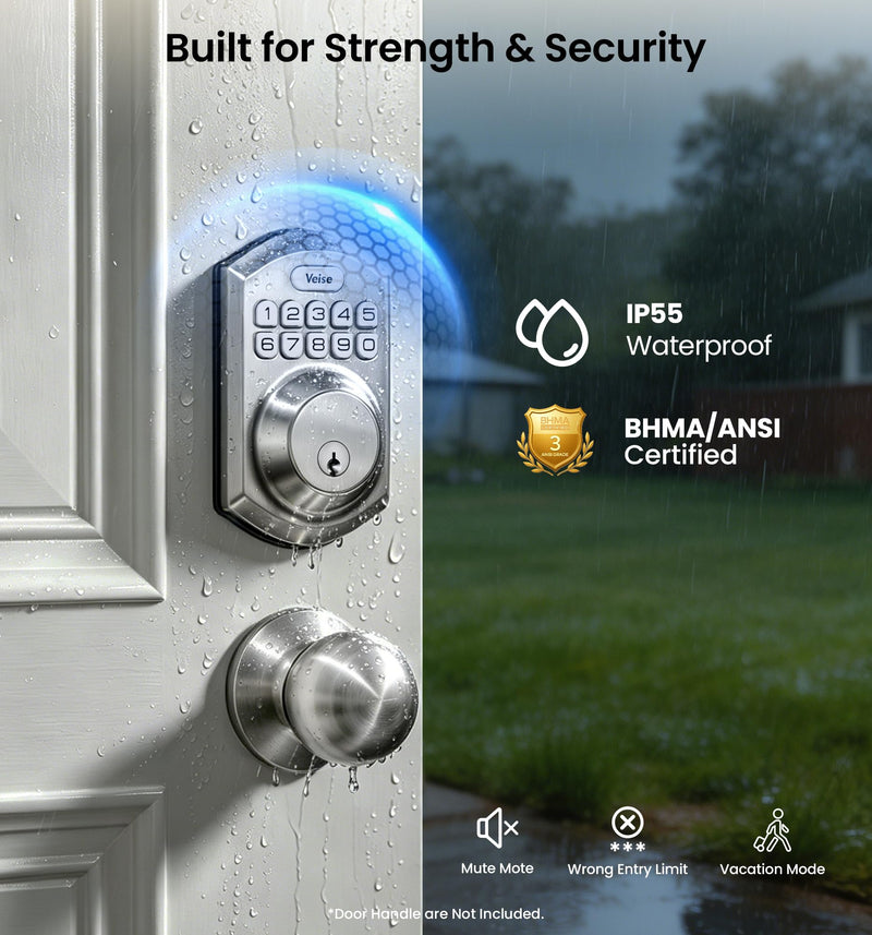 Veise VE001 Keyless Entry Door Lock with Keypad, Electronic Keypad Deadbolt for Front Door, 20 User Codes & One-Time Passcode, Auto Lock, IP55 Waterproof, Easy Installation for Home Apartment Rental Satin Nickel