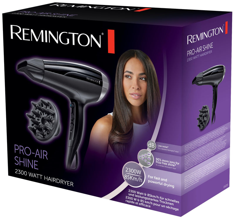 Remington Hair Dryer Ion [Light & Powerful] Pro Air-Shine (2300 W, Ceramic Tourmaline Ring, Styling Nozzle, Diffuser, 3 Heat & 2 Separate Fan Levels, Cooling Level) D5215, Black
