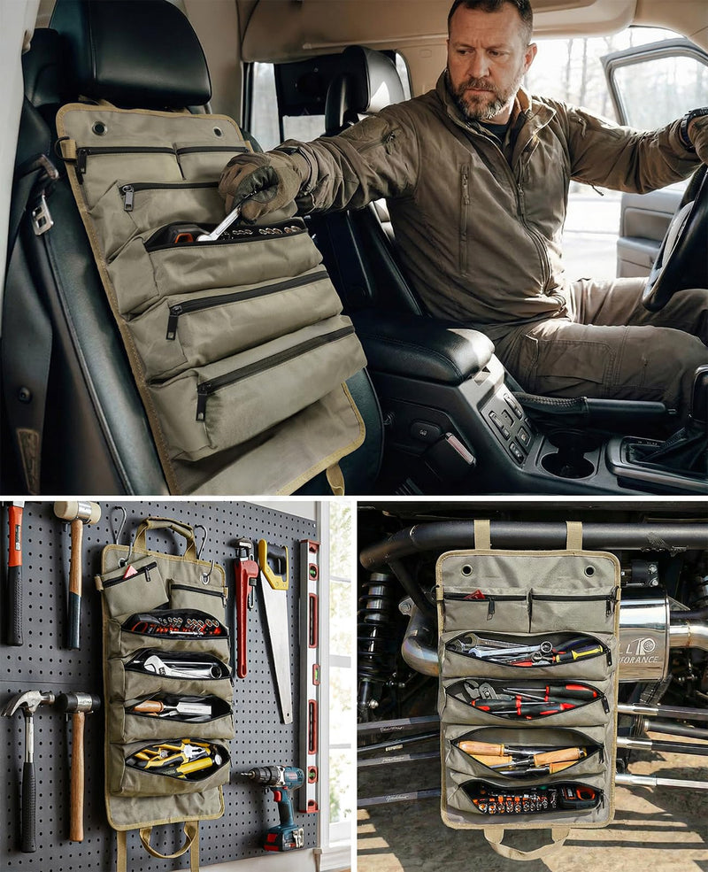 Tool Roll Up Bag, 1680D Heavy Duty Tool Bag Organizer with 2 Detachable Tool Pouches & Multiple Pockets, Waterproof Motorcycle Tool Roll for Mechanic & Electrician, Gift for Men Him Dad, 21.9"*13.8" Khaki