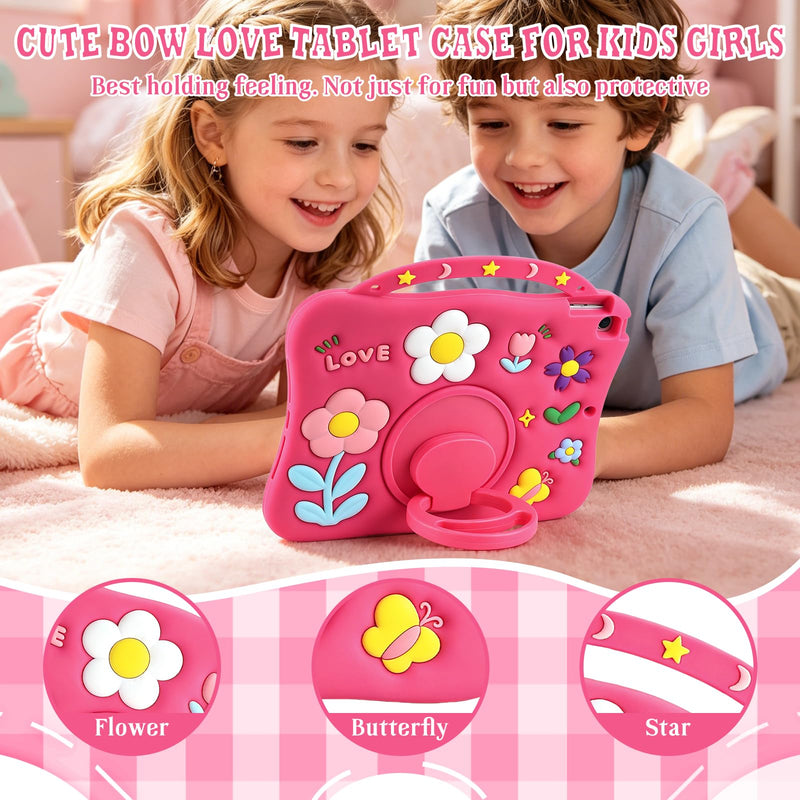 SAMONPOW for iPad 9th/8th/7th Generation Kids Case 10.2 Inch 2021/2020/2019 | Girly Flower Silicone Cover 9th/8th Gen iPad Case 10.2 Inch for Girls with 360°Rotating Stand Handle Pencil Holder, Hot Pink for iPad 9th/ 8th/ 7th Gen Case