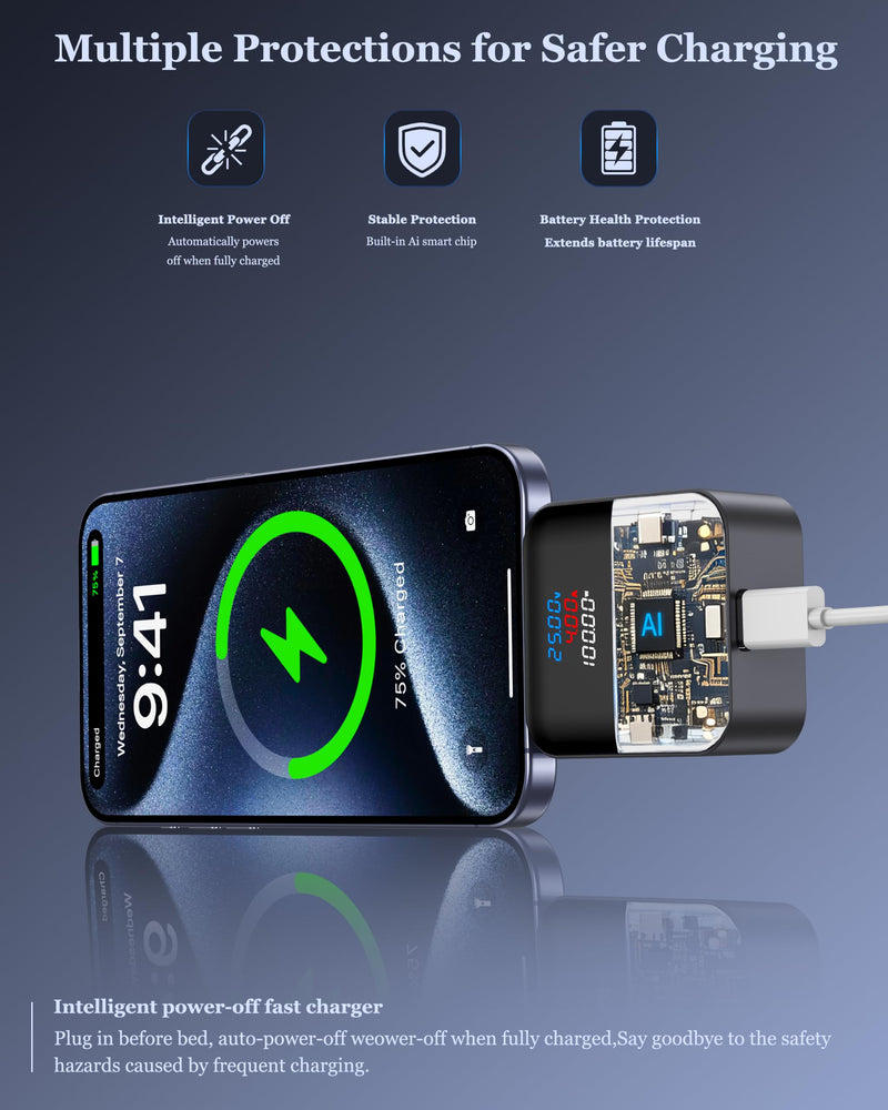 140W Smart Auto Stop Charging Adapter : Ai Auto Power Off Charger Protector | Physical Disconnect Battery Guard, USB-C Fast Charger with Physical Cut-Off for iPhone,Tablet,Earphones & All Type-C Devices Black