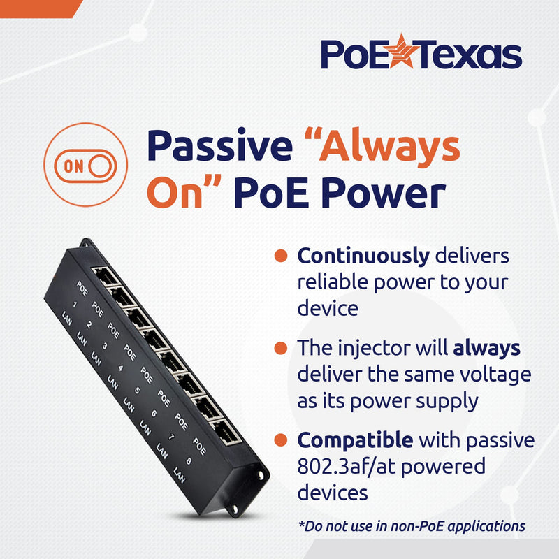 PoE Texas 8 Port PoE Injector - 8 Port PoE Adapter - Add Power Over Ethernet for Passive Devices - 10/100 Data Rate for PTZ, IP Camera Video Security System, VoIP Phone, WiFi Access Point (POE-8-ENC) WS-POE-8-ENC