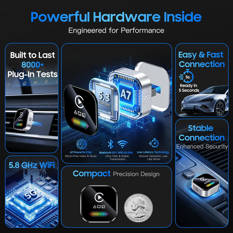 Wireless CarPlay Adapter for iPhone – 2027 4-in-1 Dongle with AirPlay & Screen Mirroring, Low Latency, 5-Second Auto Connect for Wired Cars, Includes USB A/C（Silvery）