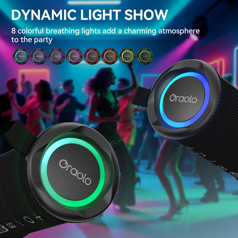 Oraolo Portable Bluetooth Speaker, Wireless Speakers with 24W Loud Stereo Sound, Bluetooth 6.0, RGB Lights, IPX6 Waterproof, Ture Wireless Pairing, 15H Playtime, Speaker for Home Beach Party