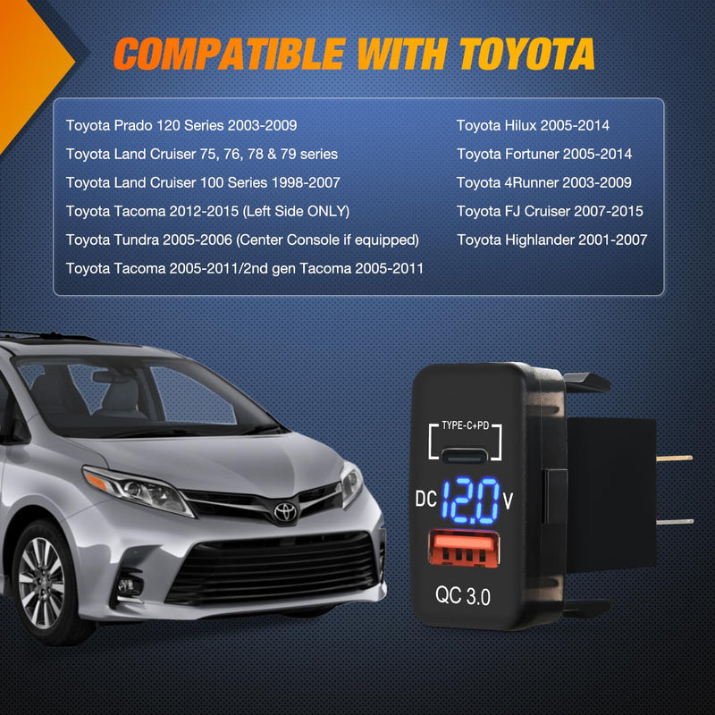 Nilight Rocker Switch Style USB Charger LED Voltmeter Quick Charge 12V PD Type C and QC 3.0 Car Charger 1.54" x 0.83" Replacement with Inline Fuse for Tacoma Tundra 4Runner FJ Cruiser Hilux Fortuner Type C + USB 1.54" x 0.83"