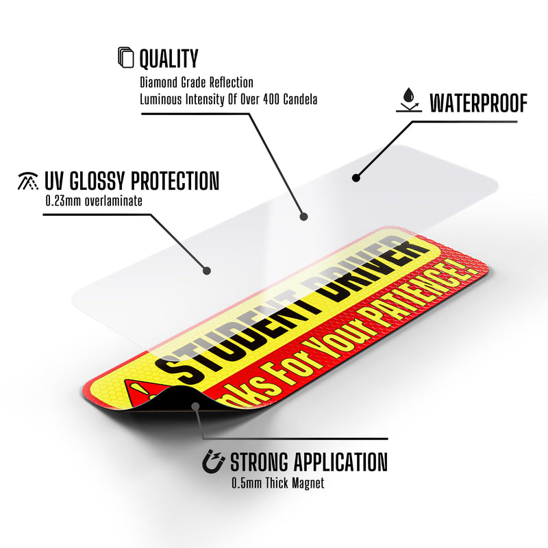 Student Driver Magnet for Car - Extra Strong Hold - 9.72" by 3.24" - 3 Pack - Essential Magnetic New Driver Sticker Signs - Remind Others to Please Be Patient - Bright & Reflective Sign for Rookies Student Driver V1