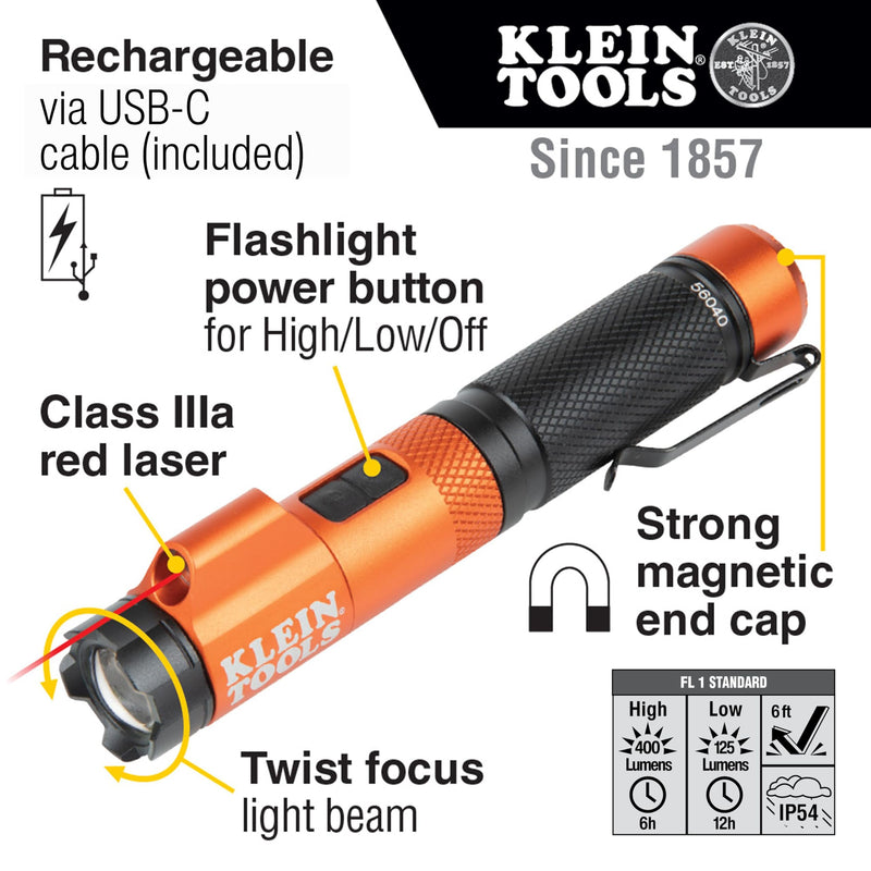 KLEIN TOOLS 56040 Magnetic LED Flashlight, 350 Lumen Rechargeable Flashlight, Twist Focus, Laser Pointer, Hands-Free, USB Charging Cable, for Work and Outdoor