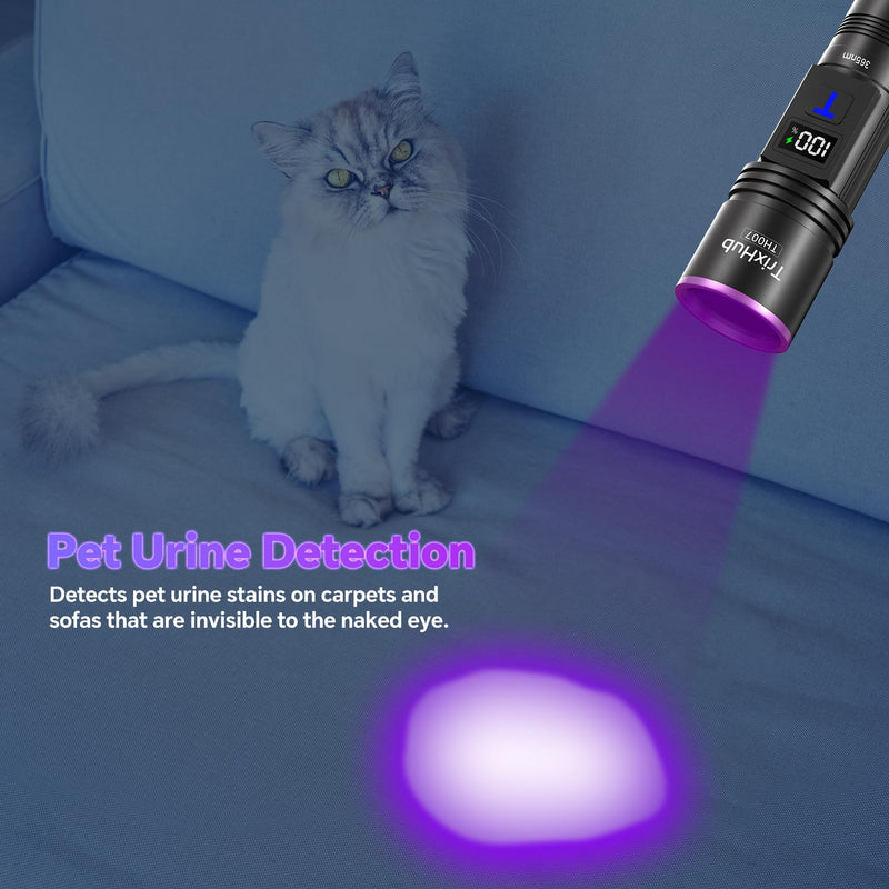 365nm Black Light Flashlight, UV Flashlight Rechargeable with LCD Display, Powerful Ultraviolet Lights for Pet Urine Detection, Resin Curing, Rockhounding, Scorpion, Uranium Glass, A/CLeak