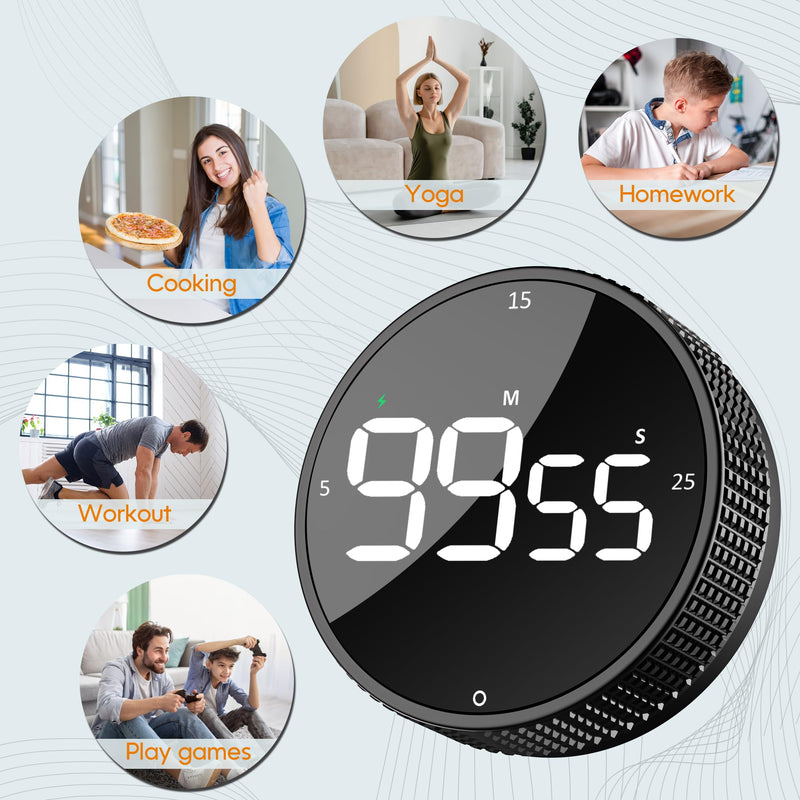 Rechargeable Magnetic Kitchen Timer-Loud Alarm Visual Productivity Timer&Pomodoro Timer with Large LED Display,3 Presets(5/15/25min),3 Volume Levels.Ideal for Cooking Fitness&Office Use(Blk) Black