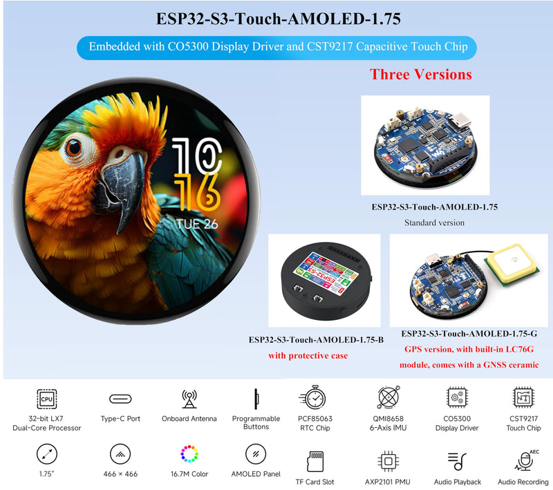 ESP32-S3 with 1.75inch AMOLED Round Touch Display Development Board, 466x466, QSPI Interface,Onboard Dual Digital Microphone Array, Support AI Speech Interaction, with 8Ω 2W Speaker and GPS Antenna