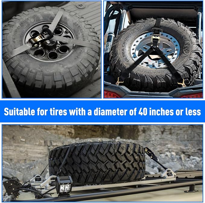  [AUSTRALIA] - Y Strap for Spare Tire - Heavy Duty Spare Tire Strap for UTV, Offroad Accessories & Roof Rack, 3 Way Ratchet Strap Tie Down- 1.6" Wide, Can Secure Up to 40" Tire by Straight Jacket Crew (Black) Black