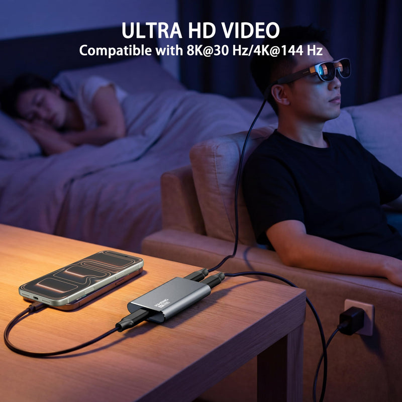 USB-C AR Glasses Adapter, 8K 30Hz/4K 144Hz, Power & Charge Sync | Compatible Xreal/Viture/RayNeo/Rokid AR Glasses,Steam Deck,ROG Ally,Switch 2,DJI RC 2,iPhone 15-17,Android,No Signal Lag