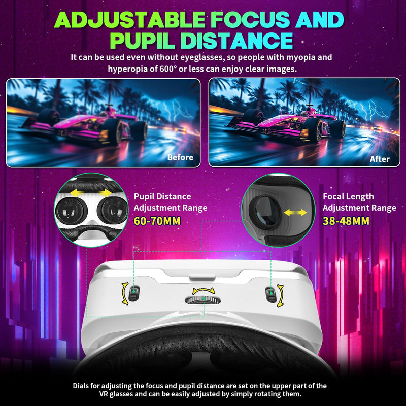 VR Headset for Smartphones with Bluetooth Controller, HD Aspheric Lenses with Adjustable Focus & IPD, Universal Compatible with 4.7-7 Inch Phones, Heat Dissipation Design for Extended Comfort