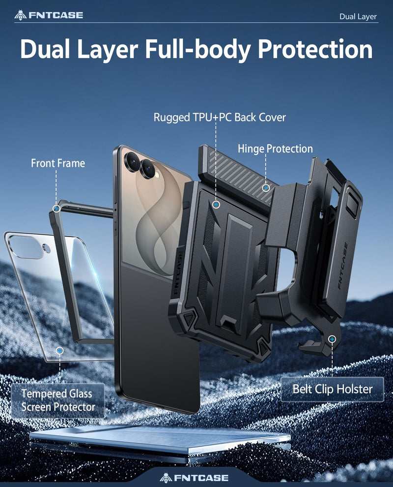 FNTCASE for Samsung Galaxy Z Flip 8 Case with Belt Clip Holster Kickstand | Hinge Protection, Screen Protector, 20FT Military Grade Drop Proof Heavy Duty Rugged Shockproof Protective Phone Cover Black For Galaxy Z Flip 8 6.9 Inch
