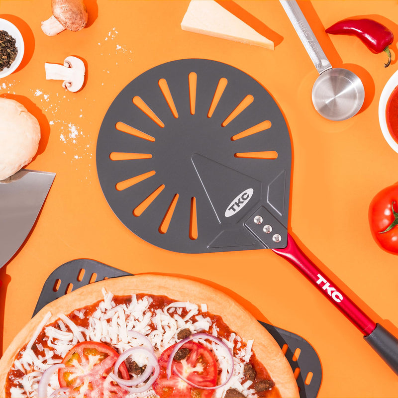 TKC 9" Perforated Pizza Peel, Professional Aluminum Pizza Turning peel, Long Handle Metal Pizza Spatula for Indoor and Outdoor, Lightweight Non-Stick Pizza Turner - Pizza Oven Accessories RED 9 Inch Red/Gray