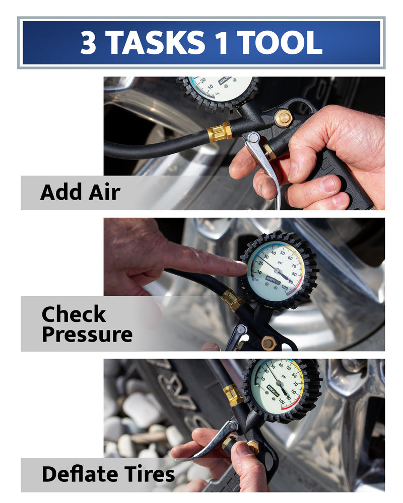 Tire Inflator with Pressure Gauge – Large Glow Dial, Swivel Air Chuck with Gauge and Air Compressor Accessories – 100 PSI Analog Pro Set