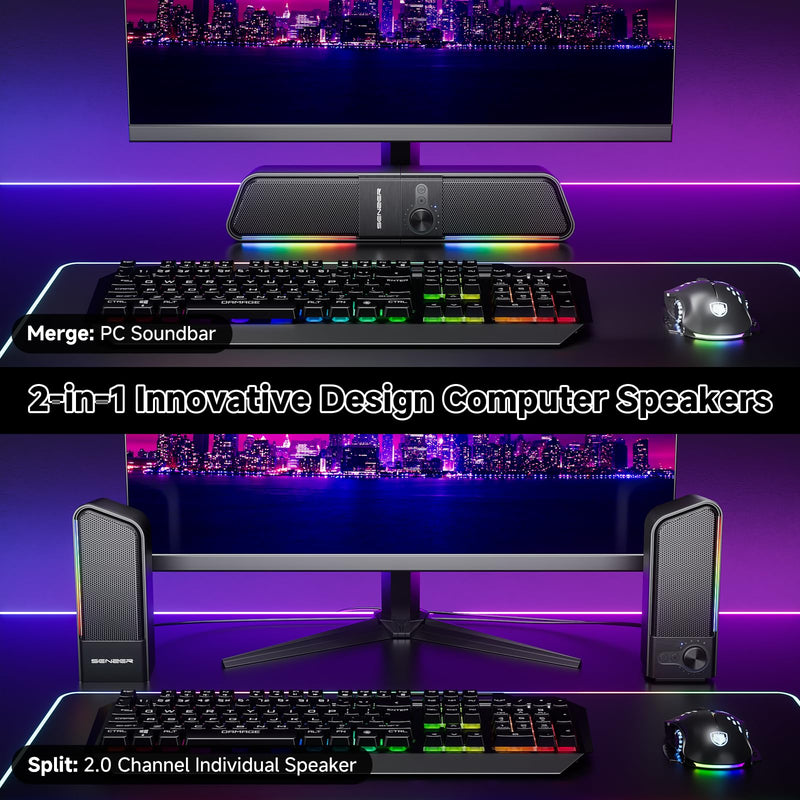 SENZER CS20 2 in 1 Bluetooth Computer Speakers for Desktop, USB Plug & Play Clear Sound PC Speakers with RGB Light, Monitor Sound Bar with Volume Knob, Gaming Speaker for PC Laptop Phone Tablet Black