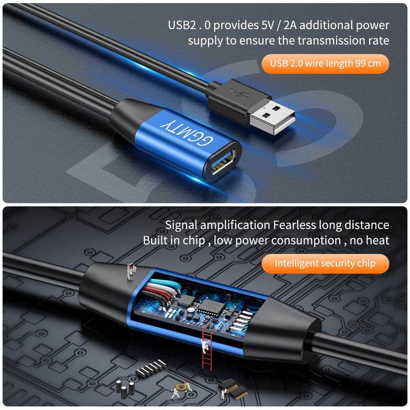USB 2.0 Type A Male to A Female Active Repeater Extension Cable 65ft, High Speed 480 Mbps Blue