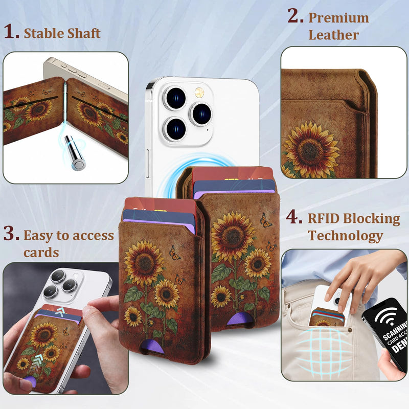 bolimoss Sunflowers Magnetic Wallet Stand,Leather Card Holder with 3 Card Slots & 2 Rings, Phone Wallet with Adjustable Stand for Phone Case,Magnetic Wallet for iPhone 17/16/15/14/13/12 Series(Brown) Fall Sunflowers
