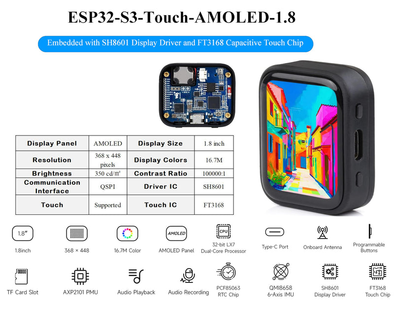 ESP32-S3 1.8inch AMOLED Touch Display Development Board, 32-bit LX7 Dual-Core Processor, 368×448 Pixels, Onboard Audio Codec, Support Offline Speech Recognition and AI Speech Interaction