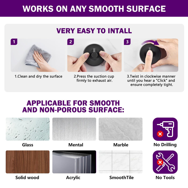 JOMOLA Stainless Steel Bathroom Suction Hooks - No Drill Adhesive-Free Wall Mount for Shower, Towel & Robe, Rustproof Metal Hardware with Damage-Free Grip, Matte Black (4-Pack) Black-4 Pack