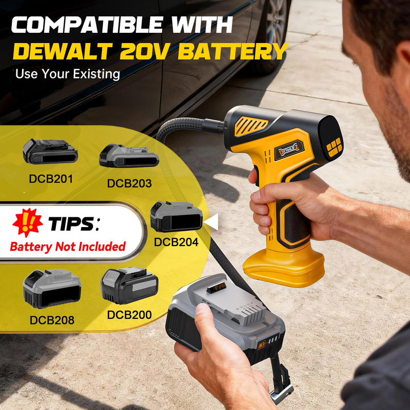 Cordless Tire Inflator Air Compressor Compatible with Dewalt 20V Battery (Tool Only), 150 PSI Portable Car Air Pump with Digital Pressure Gauge, Automatic Shut Off, LED Light Yellow- Compatible With Dewalt 20v