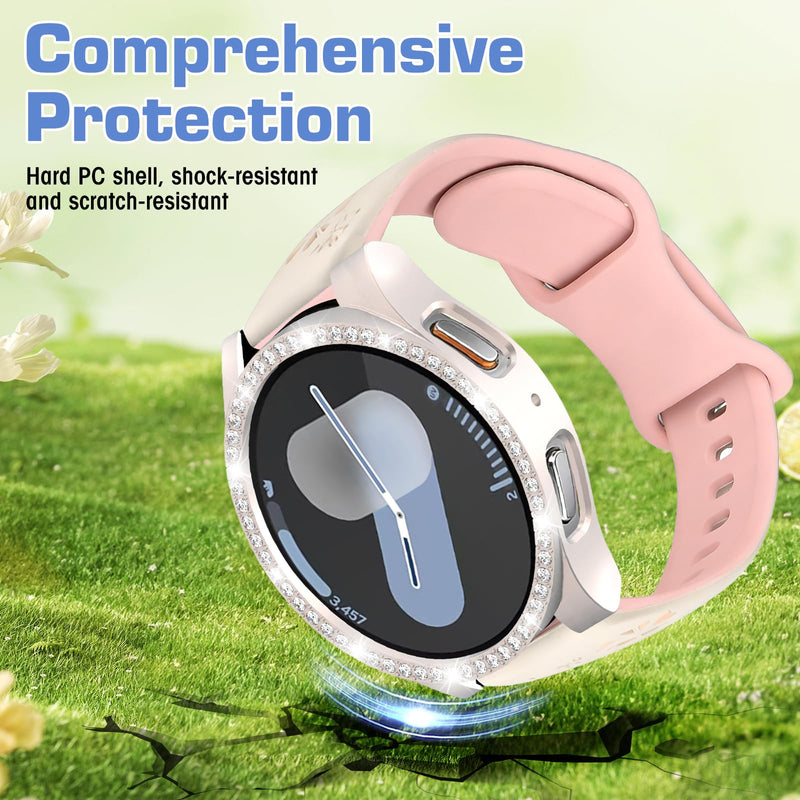 2-in-1Floral Engraved Band Rhinestone Bezel Case for Samsung Galaxy Watch 7 | Flower Soft Silicone Watch Strap Sparkly Diamond Bumper PC Protective Cover for Women Waterproof Sport Replacement Wristband Starlight Case + Starlight&Pink Band