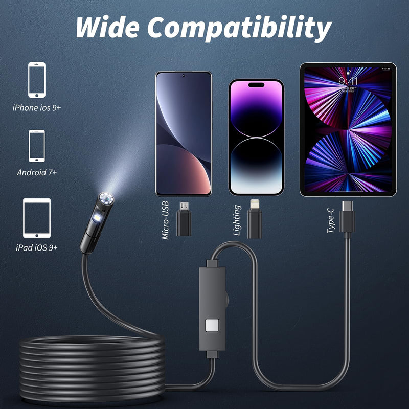 Endoscope Camera with Light,1920P HD Borescope Tools with 8 Adjustable LED Lights, Endoscope with Semi-Rigid Snake Camera, IP67 Waterproof Inspection Borescope for iOS and Android-16.4ft Dual-Lens 16.4ft