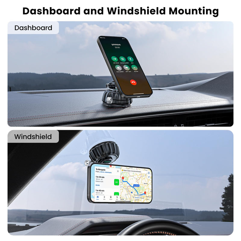 Strong Suction Cup Magnetic Car Phone Holder for iPhone & Android Phones, Shock-Resistant Phone Mount for Dashboard Windshield, 360° Rotation, Heavy-Duty, Foldable, Hands-Free, Ideal for Navigation Black