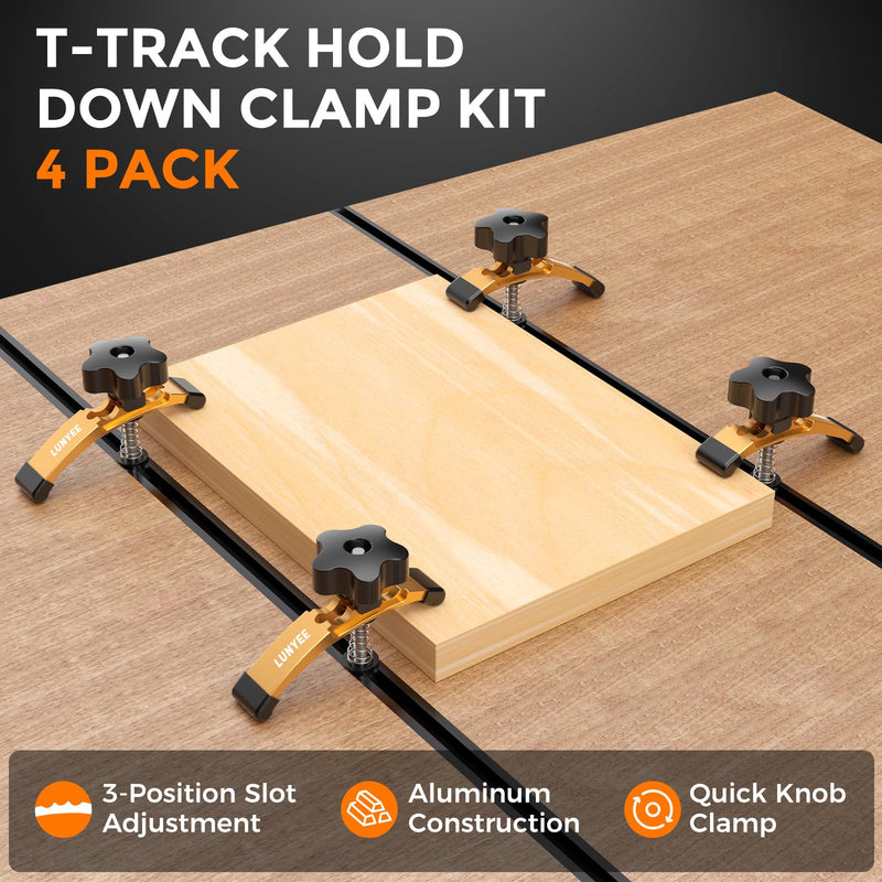 T-Track Hold Down Clamps, 4 Pack Extended 5-3/8" T Slot Clamp Set for CNC Router and Woodworking, Adjustable Hold Down Clamp with Rubber Pads