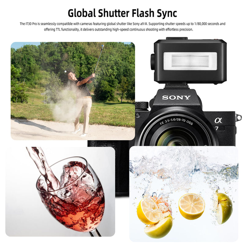 Godox iT30Pro-S Pocket TTL Flash for Sony Camera: 2.4G Wireless + Touchscreen (Equivalent to Built-in X3 Trigger), Li-ion Battery, HSS 1/8000s, 560 Flashes, Built-in Diffuser for Portrait Photography