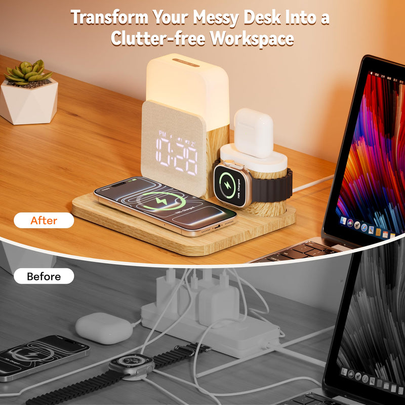 7 in 1 Wireless Charging Station, 25W Charger with Alarm Clock Night Light | 25W Bedside charging stand compatible with iPhone 17/16/15/14/13/12 Pro Max, Apple Watch, AirPods for bedroom daily use Wood