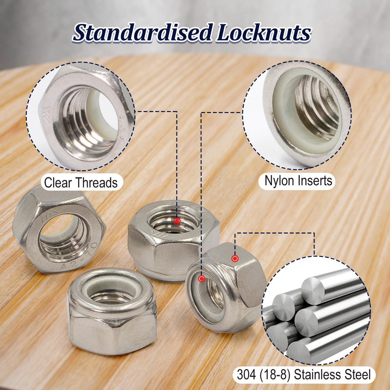 ZQZ 220 Pack SAE Nylon Insert Locknuts Assortment Kit,6#32 8#32 10#24 10#32 1/4"-20 5/16"-18 3/8"-16 1/2"-13 Nylock Nuts Sets,304 Stainless Steel Standard Inch Threaded Lock Nuts SAE Assortment; 220pcs Silver