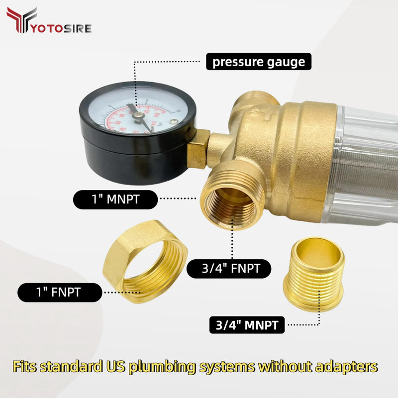 Spin Down Sediment Water Filter System with Pressure Gauge, 50&100 Micron Stainless Steel filter Mesh Pre-Filter for City/Well Water, 1" MNPT & 3/4" FNPT/MNPT Ports, Easy Backwash Cleaning