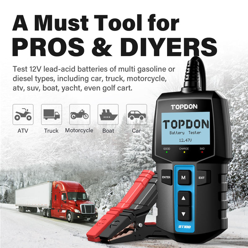  [AUSTRALIA] - TOPDON BT100 Car Battery Tester 12V Load Tester, 100-2000 CCA Automotive Alternator Tester Digital Auto Battery Analyzer Charging Cranking System Tester for Car Truck Motorcycle ATV SUV Boat Yacht