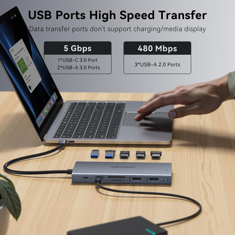 USB C Docking Station Dual Monitor, ABIWAZY 15 in 1 Laptop Docking Station | 8K DP, Dual HDMI 4K@60Hz, 1Gbps Ethernet, 100W PD, Screen Button, USB-C Data Ports&SD/Micro SD, USB C Hub for HP/Delll/Lenovo 15 IN 1 Grey