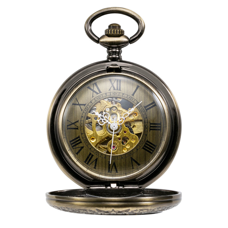 Automatic Mechanical Pocket Watch Magnifier Case Steampunk Skeleton Roman Numerals Dial for Men Women Bronze