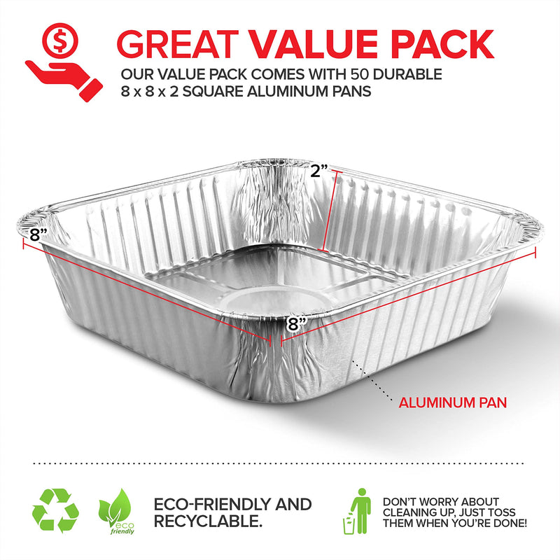 Stock Your Home 8x8 Foil Pans (50 Pack) 8 Inch Square Aluminum Pans - Foil Pans - Disposable Food Containers Great for Baking Cake, Cooking, Heating, Storing, Prepping Food 50 Pack