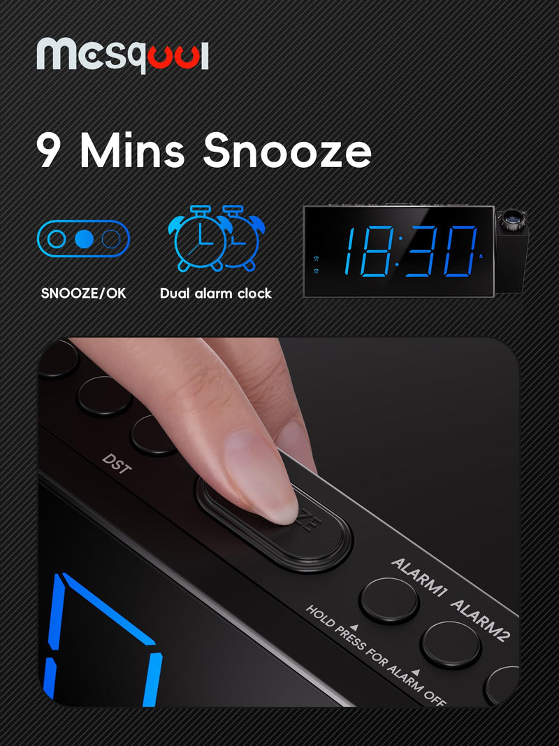 Mesqool Projection Alarm Clock, Loud Vibrating Alarm Clock for Heavy Sleepers, Adjustable Projection Brightness,Hearing Impaired & Deaf People, Digital Alarm Clock with USB Charging Port with Projection & Bed Shaker Blue Digits; Blue Projection