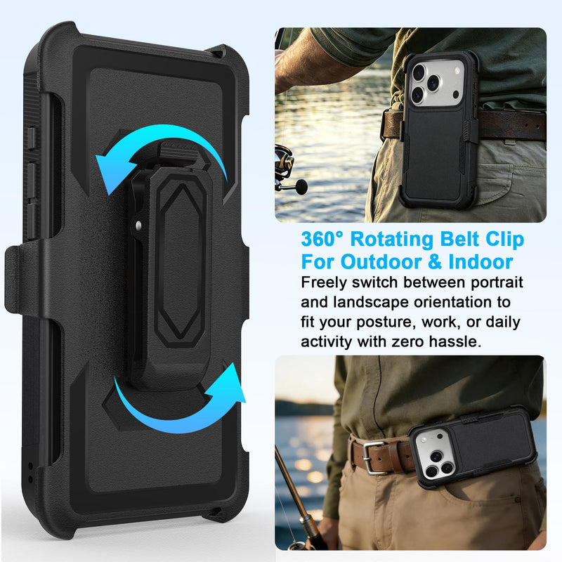 2 in 1 Case for iPhone 17 Pro Max with Belt Clip Defender, Heavy Duty Shockproof Holster with 360 Rotating Kickstand, (6.9" Black)