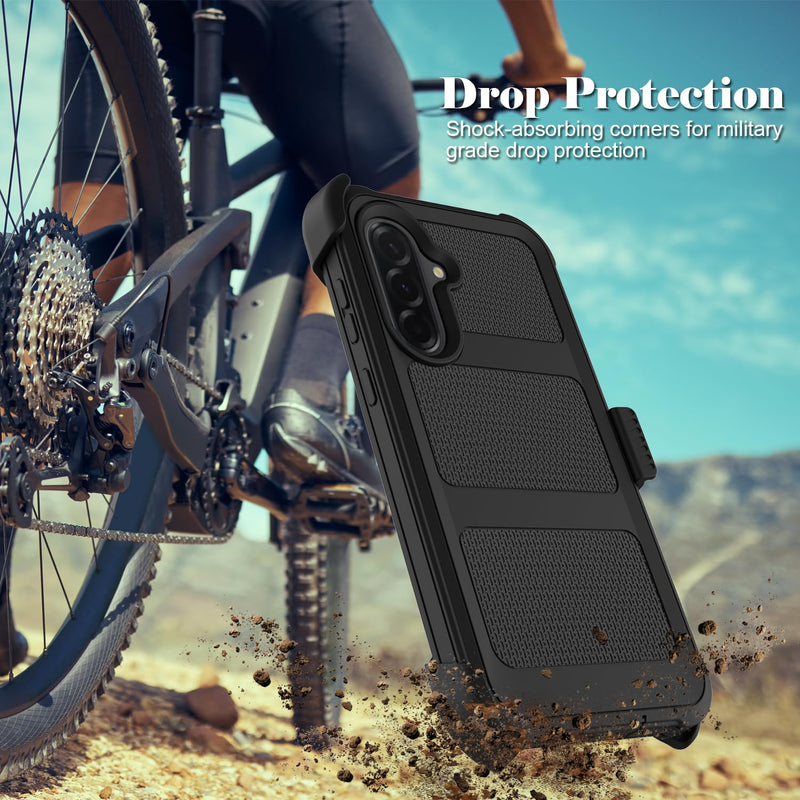 for Samsung Galaxy A37 5G Case with 2 Pack Tempered Glass Screen Protector, [Holster Series] Belt Clip Heavy Duty Shockproof Military Grade Drop Protective Cell Phone Case Cover (Black) Black for Galaxy A37 5G