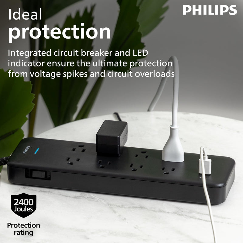 Philips 9-Outlet Surge Protector with USB Charging, 6ft Braided Extension Cord, 1USB-A, 1USB-C, 2400J, Adapter Spaced, Black - SPP3983B/37