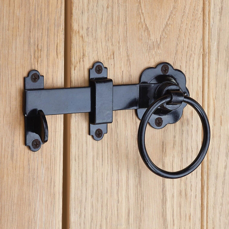 Infinity Decor Weatherproof 180mm Plain Ring Gate Heavy Duty Latch Epoxy Black Finish – Wooden Gate Latch Catch Set for Garden Gate and shed Door