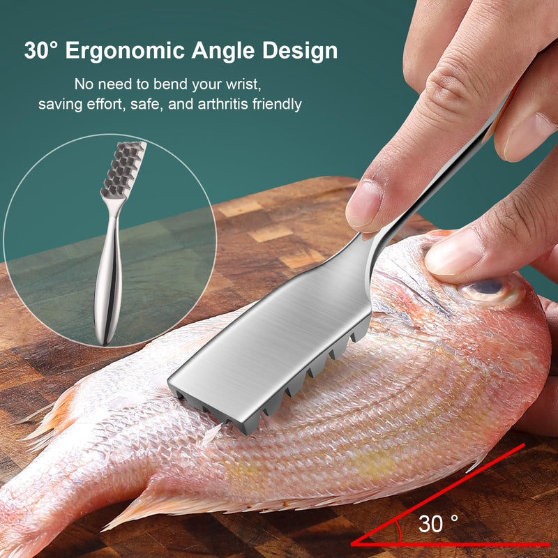 Fish Scaler Set, Premium Fish Descaler Tool, Stainless Steel Fish Scale Remover with Serrated Sawtooth Ergonomic Handle for Kitchen, Seafood Markets (Fish Scaler + 2 Pack Fish Bone Tweezers) Fish Scaler 7.52" + 2 Pack Tweezers