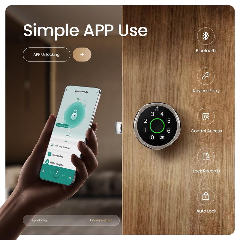 Leydebong 4-in-1 Smart Door Lock with Fingerprint and Keypad - Keyless Entry Electronic Lock with App and Mechanical Key - Easy Installation Smart Door Knob for Home Office Bedroom & Apartment 1 Satin Nickel