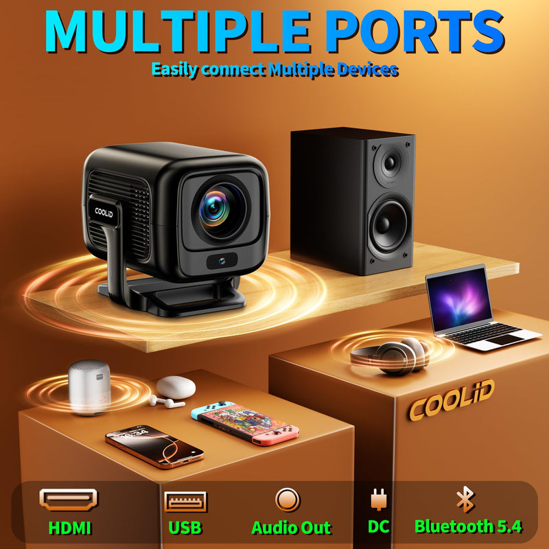 [Built-in App] Mini Projector 1080P FHD 4K Support Projector with Mouse Portable Projector with WiFi and Bluetooth 180° Adjustable Auto Keystone Portable Projector 4K Black